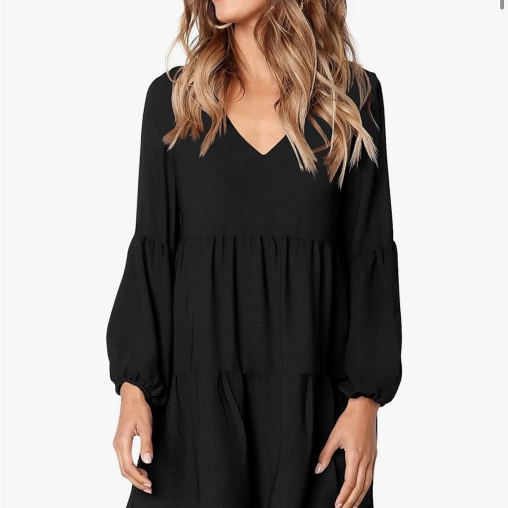 Black Tiered V-Neck Dress. Long Sleeve Babydoll. Women’s Sz-S EUC